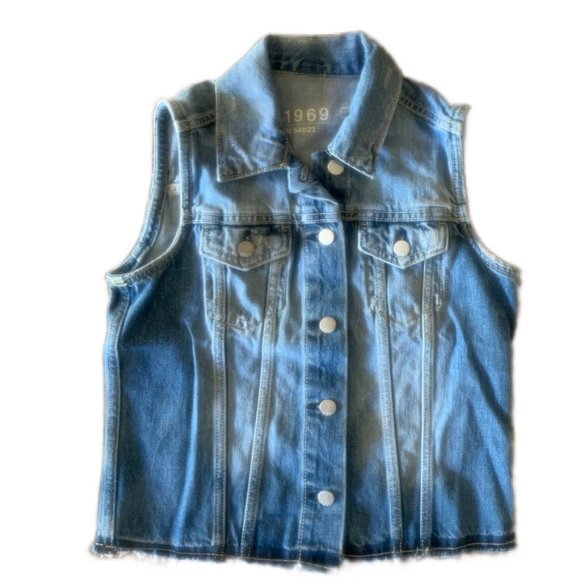 Gap 1969 Distressed Medium Ombre Wash Raw Hem Denim Vest with Flap Pockets XS - Picture 4 of 10
